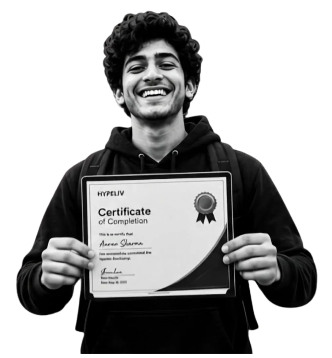 A SkillUpBootCamp graduate raising a Hypeliv certificate of completion.